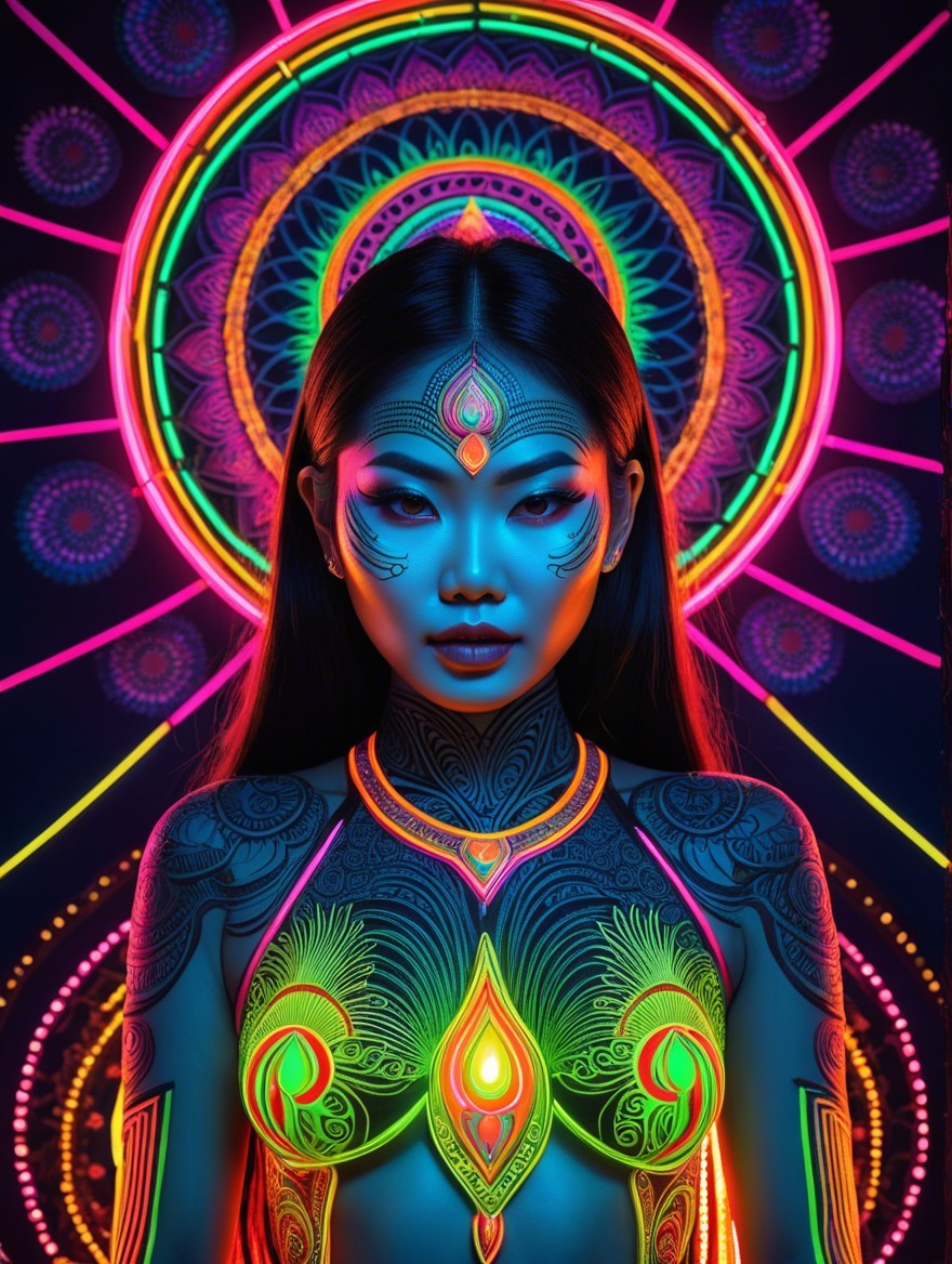 Portrait of a Woman with Neon Body Art and Mandalas