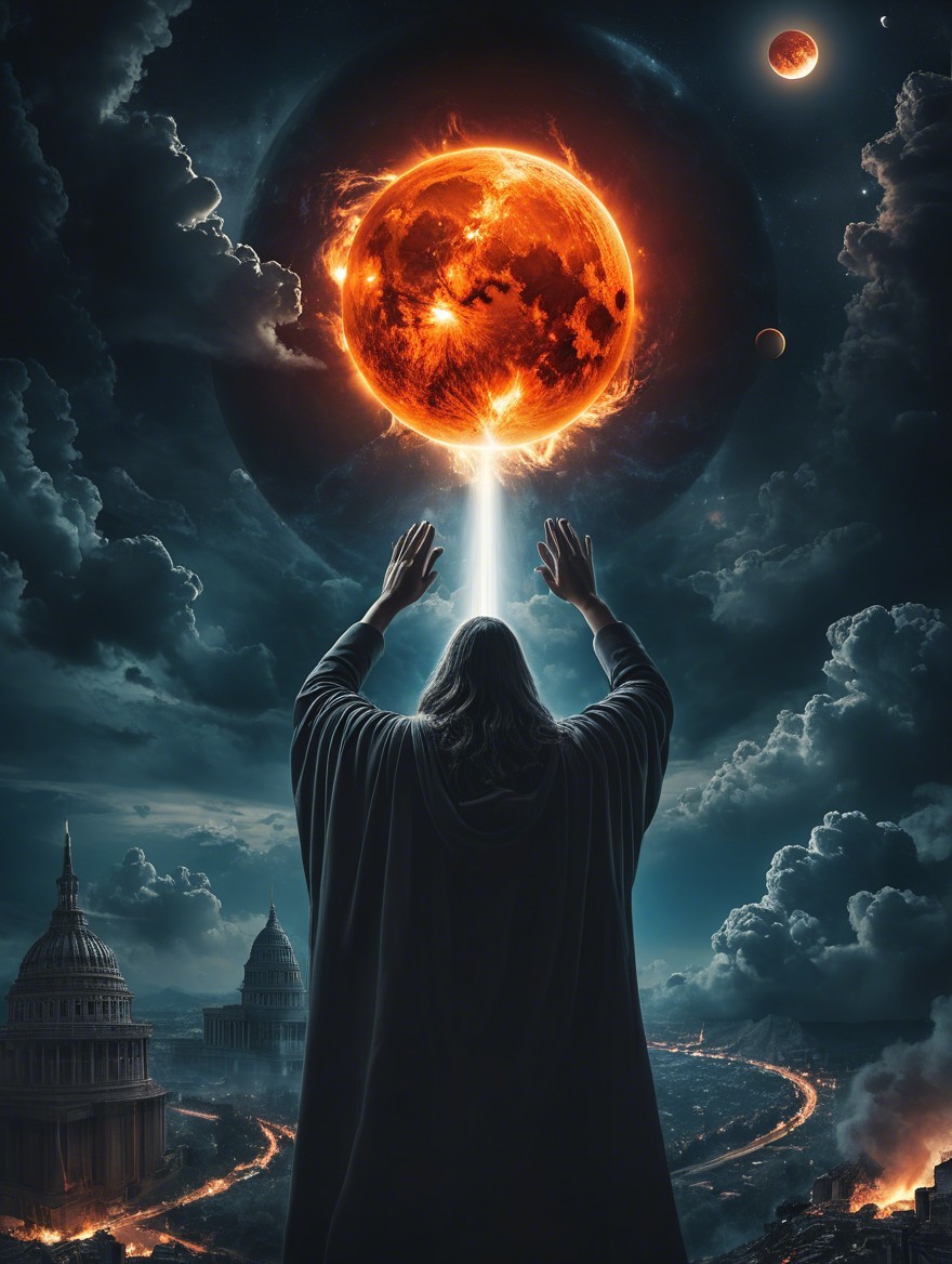 Hooded Figure Under Fiery Sun Over Cityscape