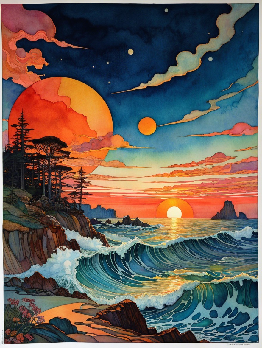 Vibrant Sunset Over Serene Coastal Landscape