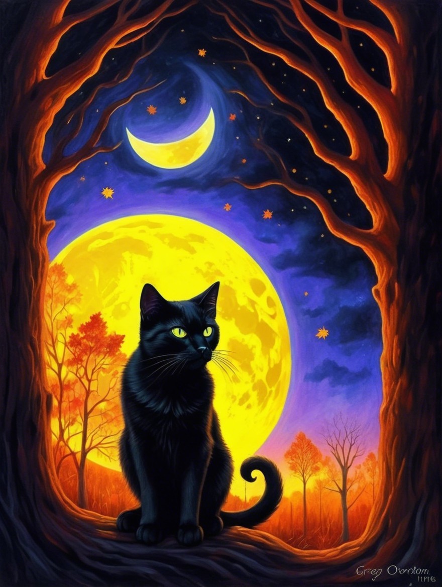 Black Cat in Mystical Twilight Forest Under Full Moon