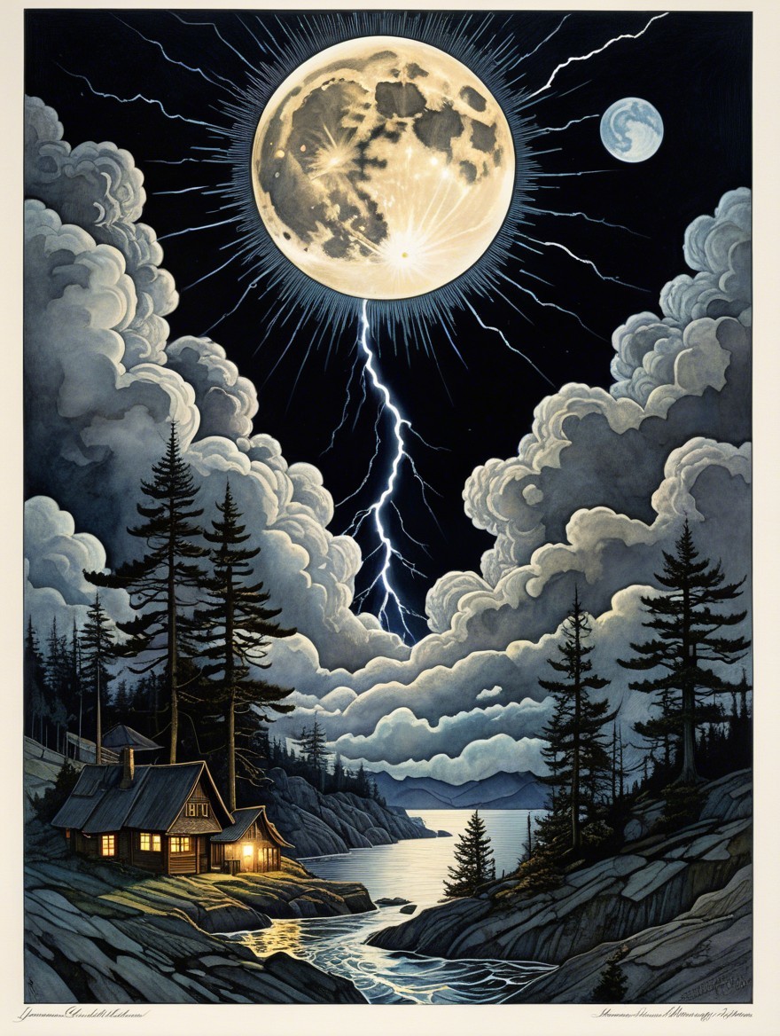 Nighttime Landscape with Moonlit Lake and Stormy Sky