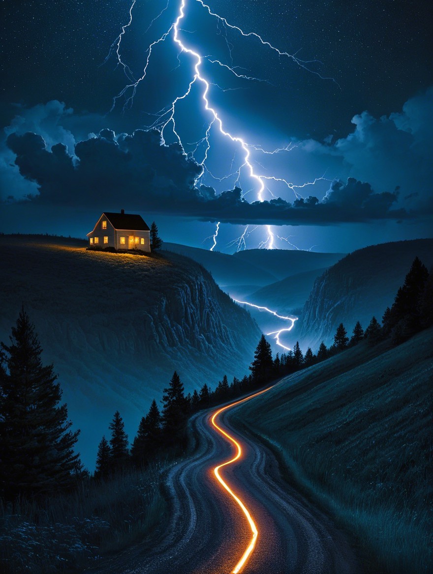 Serene Landscape with Lightning Storm and Hillside House