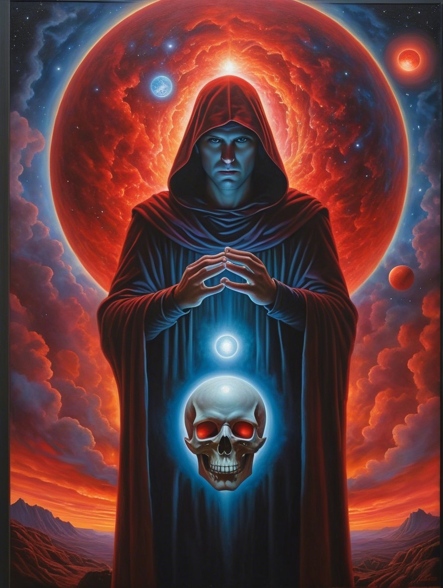 Cloaked Figure with Glowing Orb in Cosmic Setting