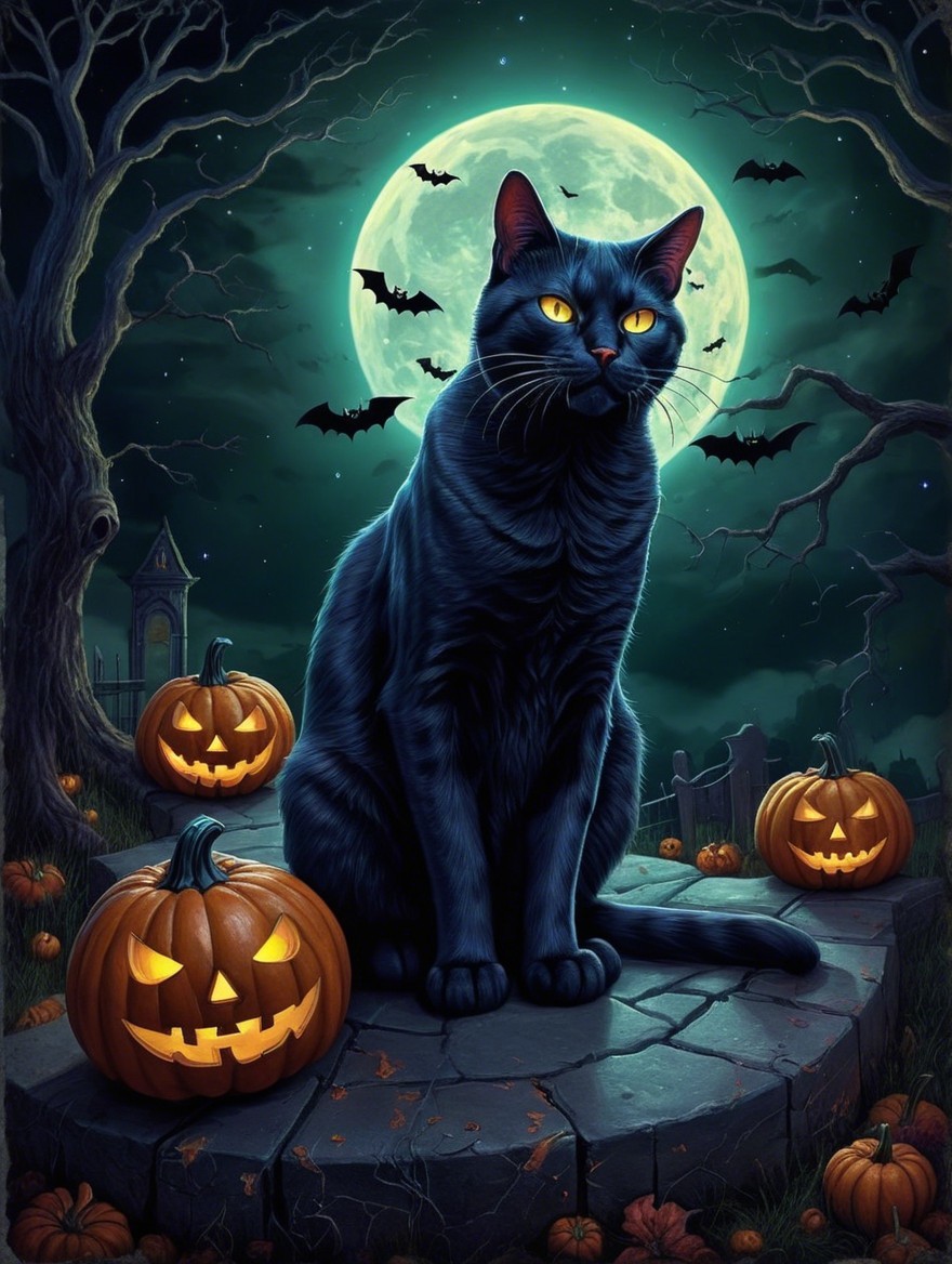 Black Cat and Jack-o'-Lanterns in Halloween Scene