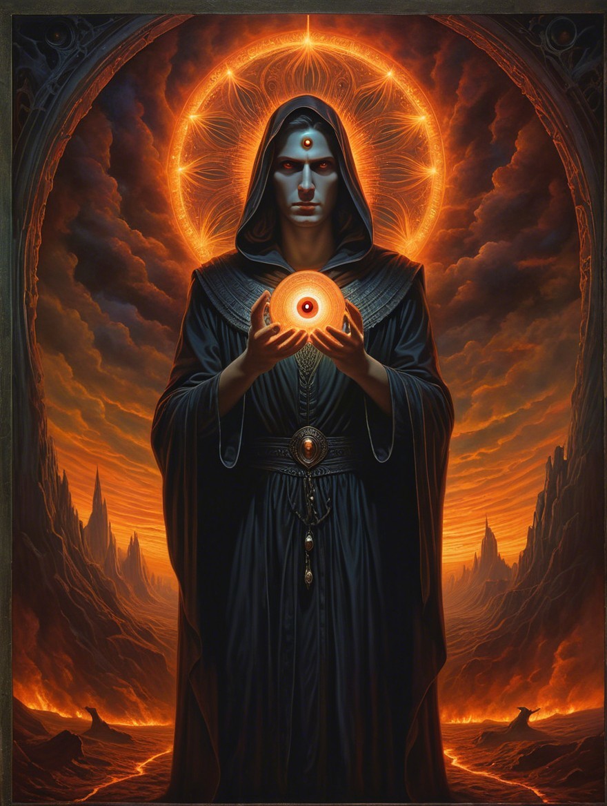 Cloaked Figure with Glowing Orb in Dramatic Landscape