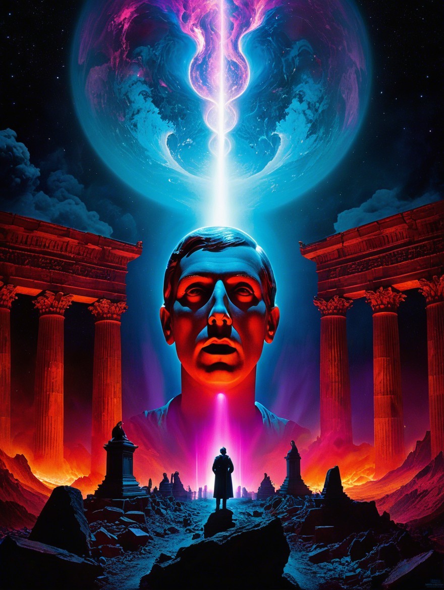 Towering Statue Among Ancient Ruins and Cosmic Scene