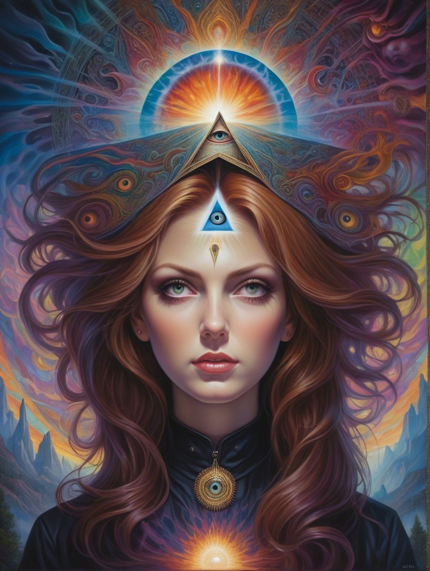 Mystical Woman with Three Eyes in Cosmic Setting