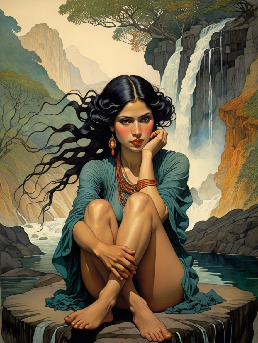 Serene Woman by Tranquil Waterfall in Nature