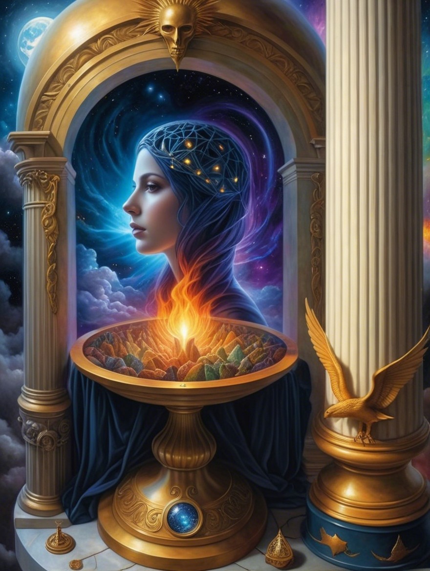 Mystical Woman's Profile in Cosmic Archway Scene