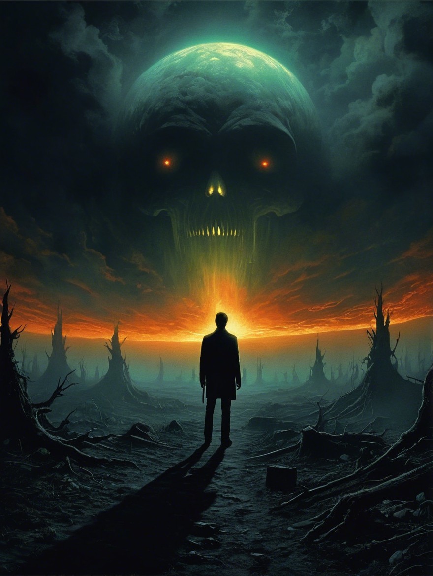 Solitary Figure Under Ominous Skull-Shaped Moon