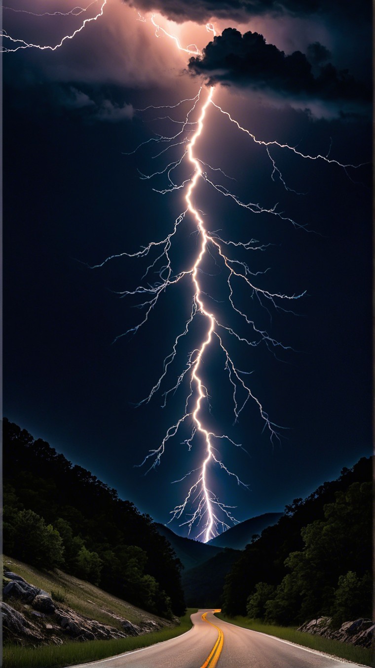 Dramatic Lightning Bolt Illuminates Night Sky Landscape