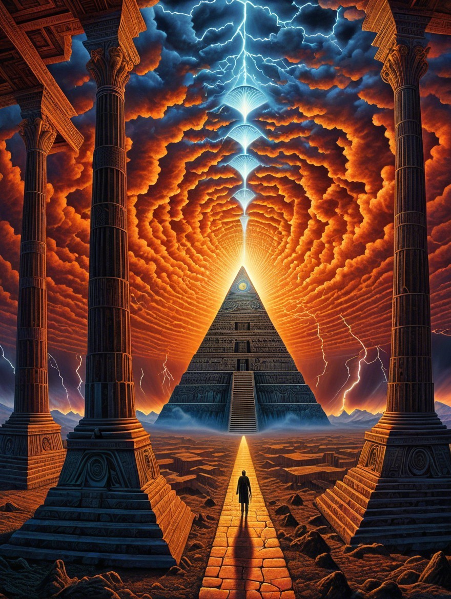 Lone Figure by Pyramid in Surreal Sunset Landscape