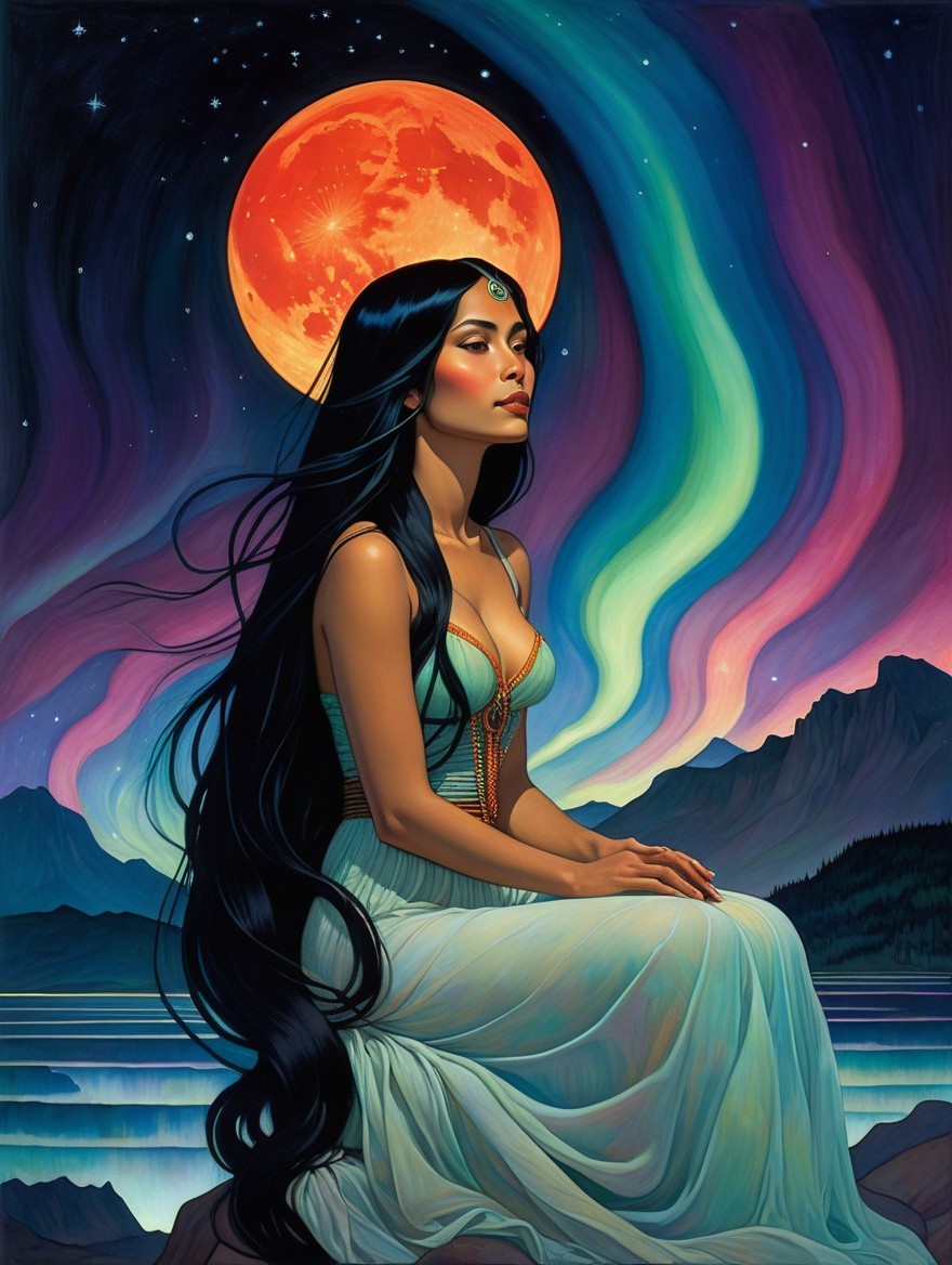 Serene Woman in Ethereal Dress Under Full Moon