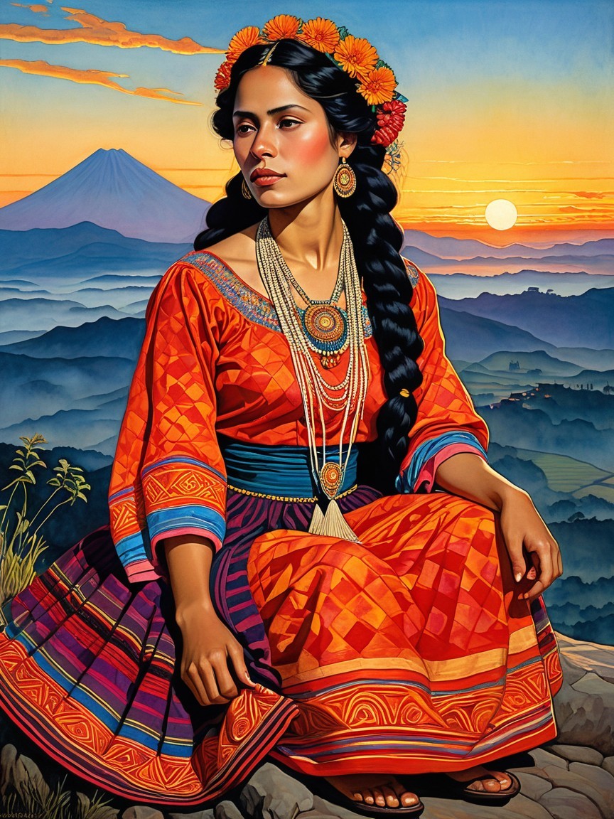 Serene Woman in Orange Dress Against Volcano Sunset