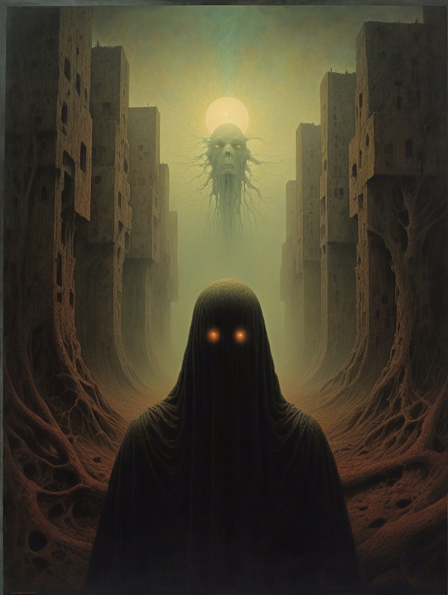 Cloaked Figure in Surreal Eerie Landscape with Shadows