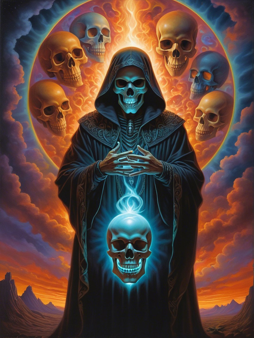 Mysterious Figure with Glowing Skulls at Sunset