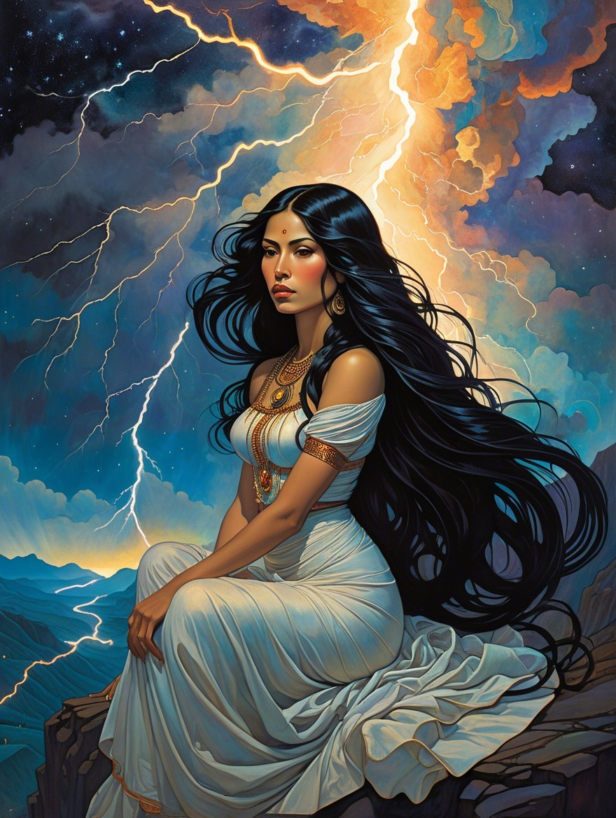 Woman in White Gown on Rocky Ledge with Dramatic Sky