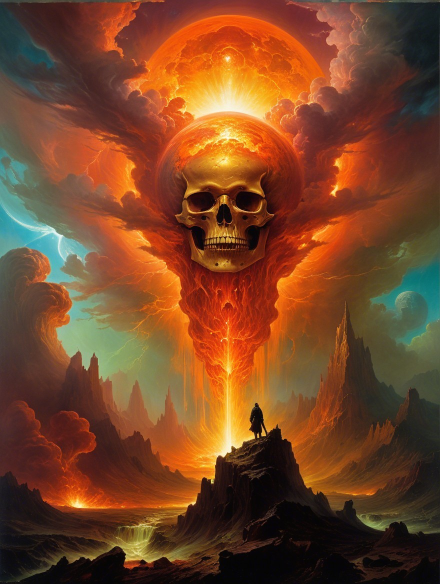 Dramatic landscape with fiery skull and jagged mountains