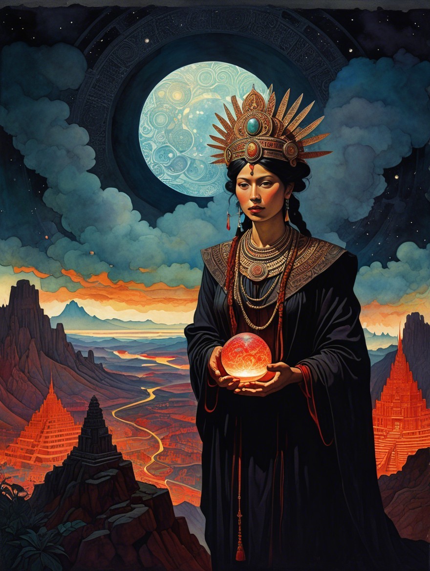Regal figure in mystical landscape with glowing orb