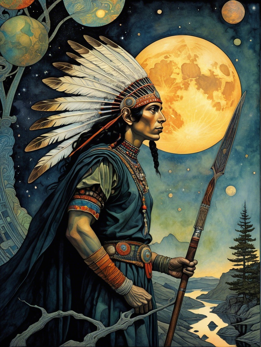 Native American Warrior in Celestial Landscape