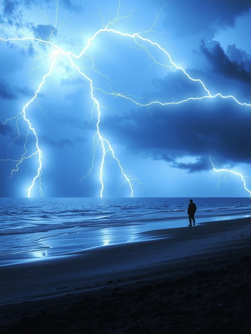 Dramatic Seascape with Lightning and Solitary Figure