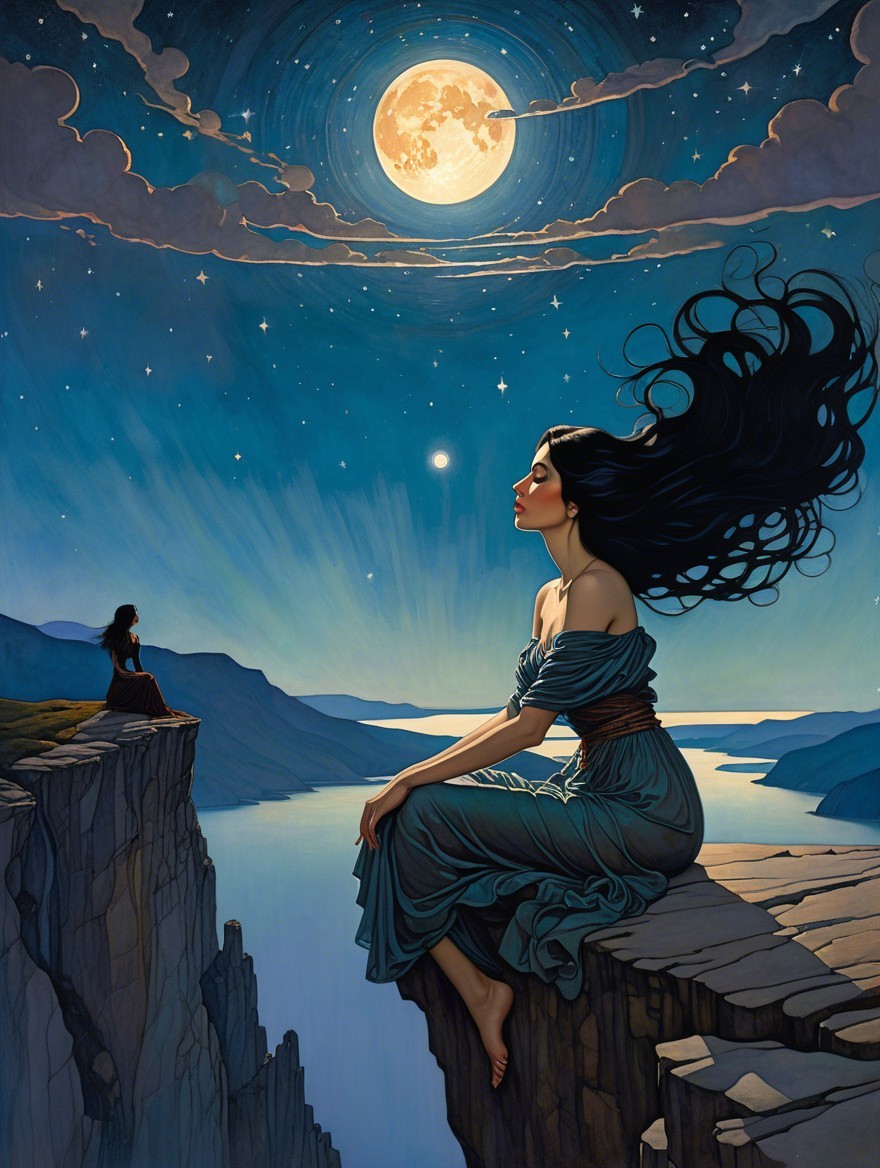 Woman at Cliff Gazing at Full Moon and Stars