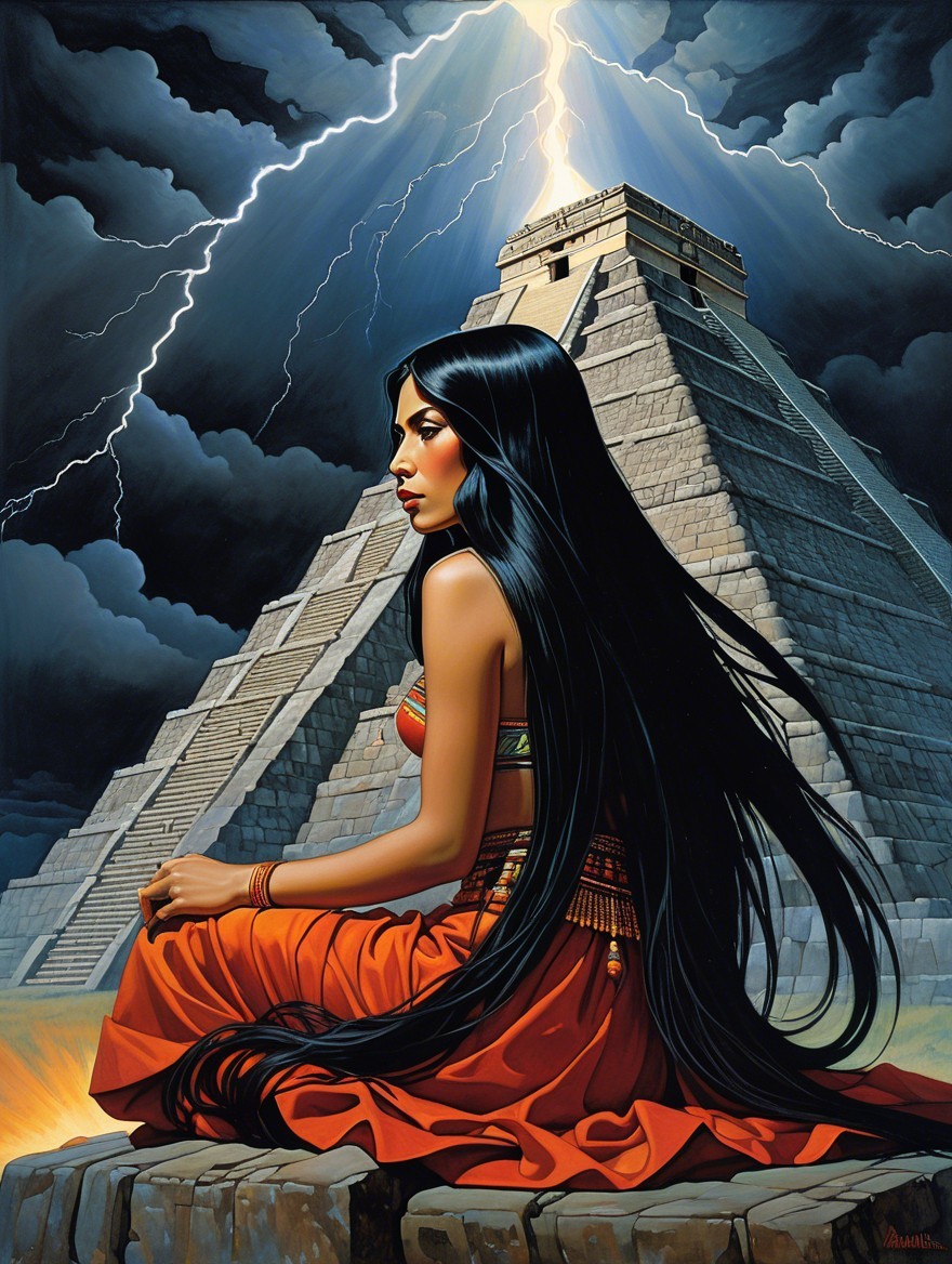 Mystical Woman Before Pyramid Under Stormy Sky