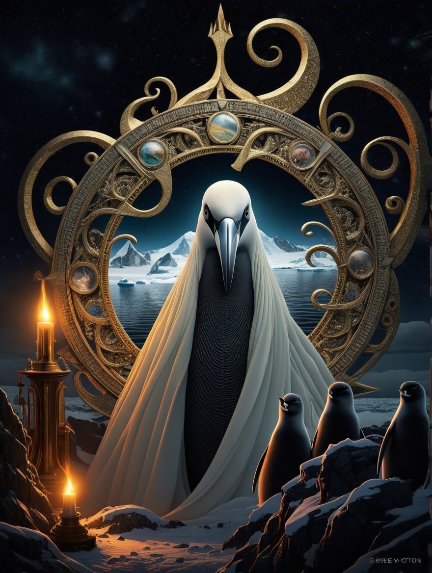Majestic Bird and Penguins by Golden Archway in Icy Landscape
