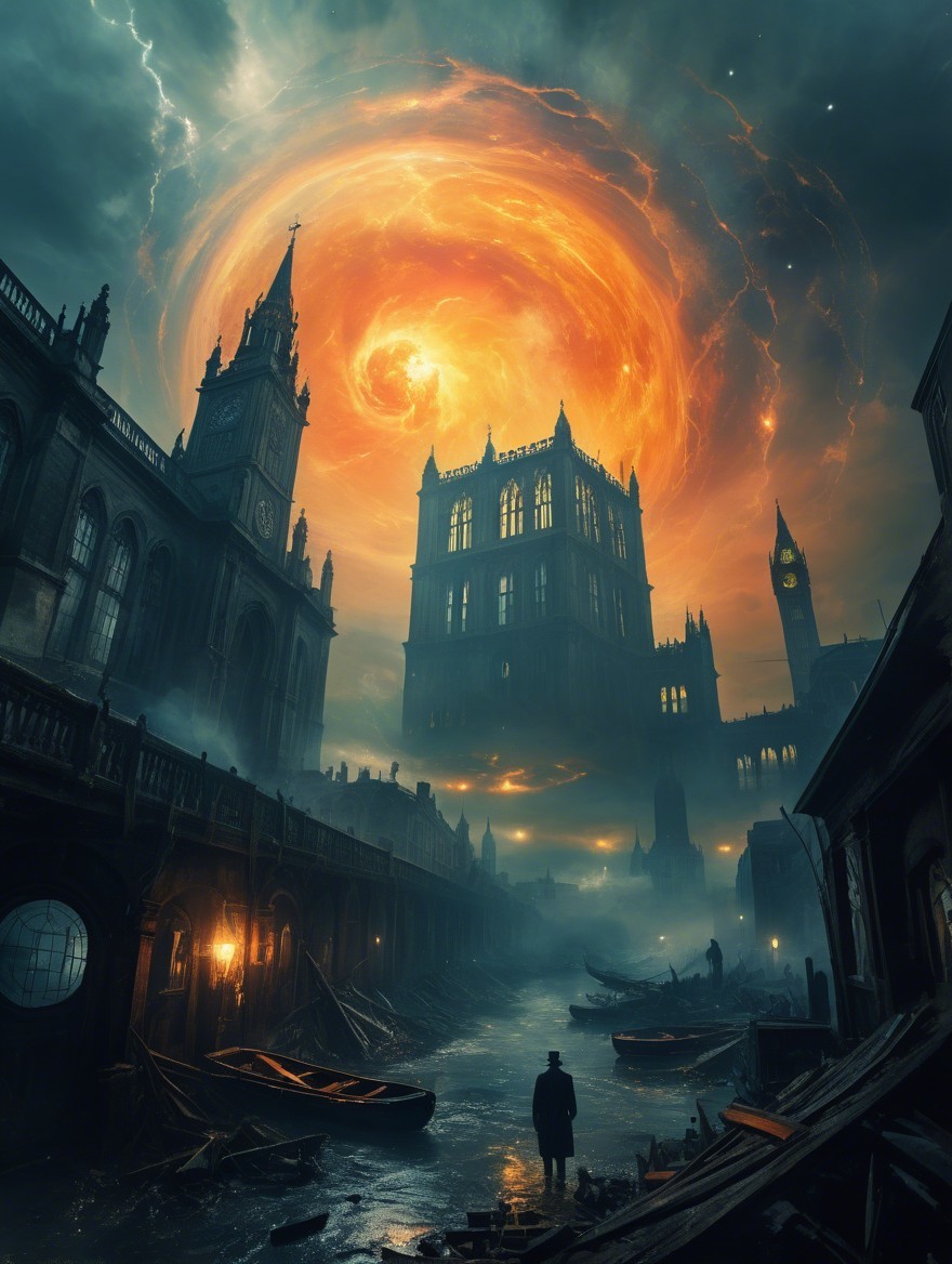 Gothic Cityscape with Fiery Vortex and Dark Waters