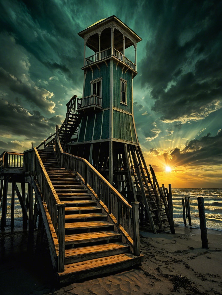 Turquoise Lifeguard Tower on Sandy Beach Scene