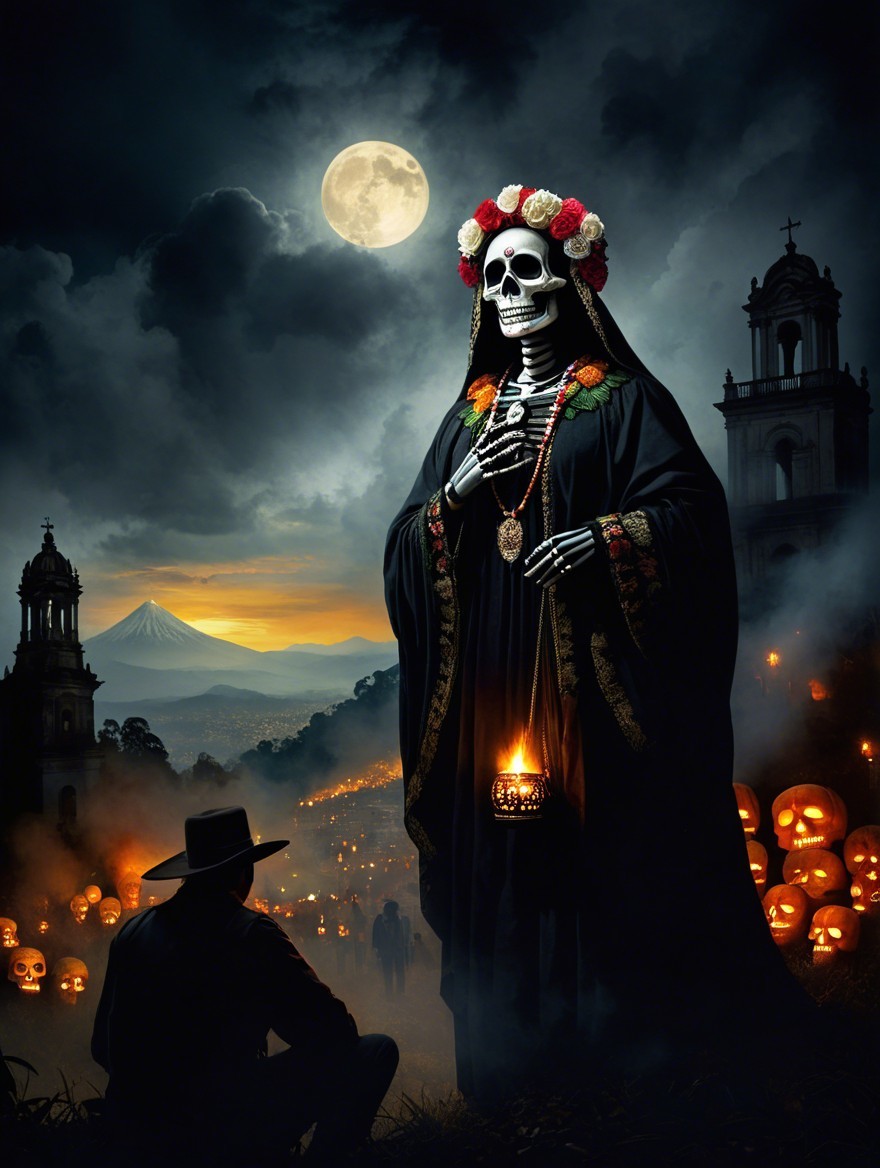 Skeletal Figure in Black Robes Surrounded by Flowers
