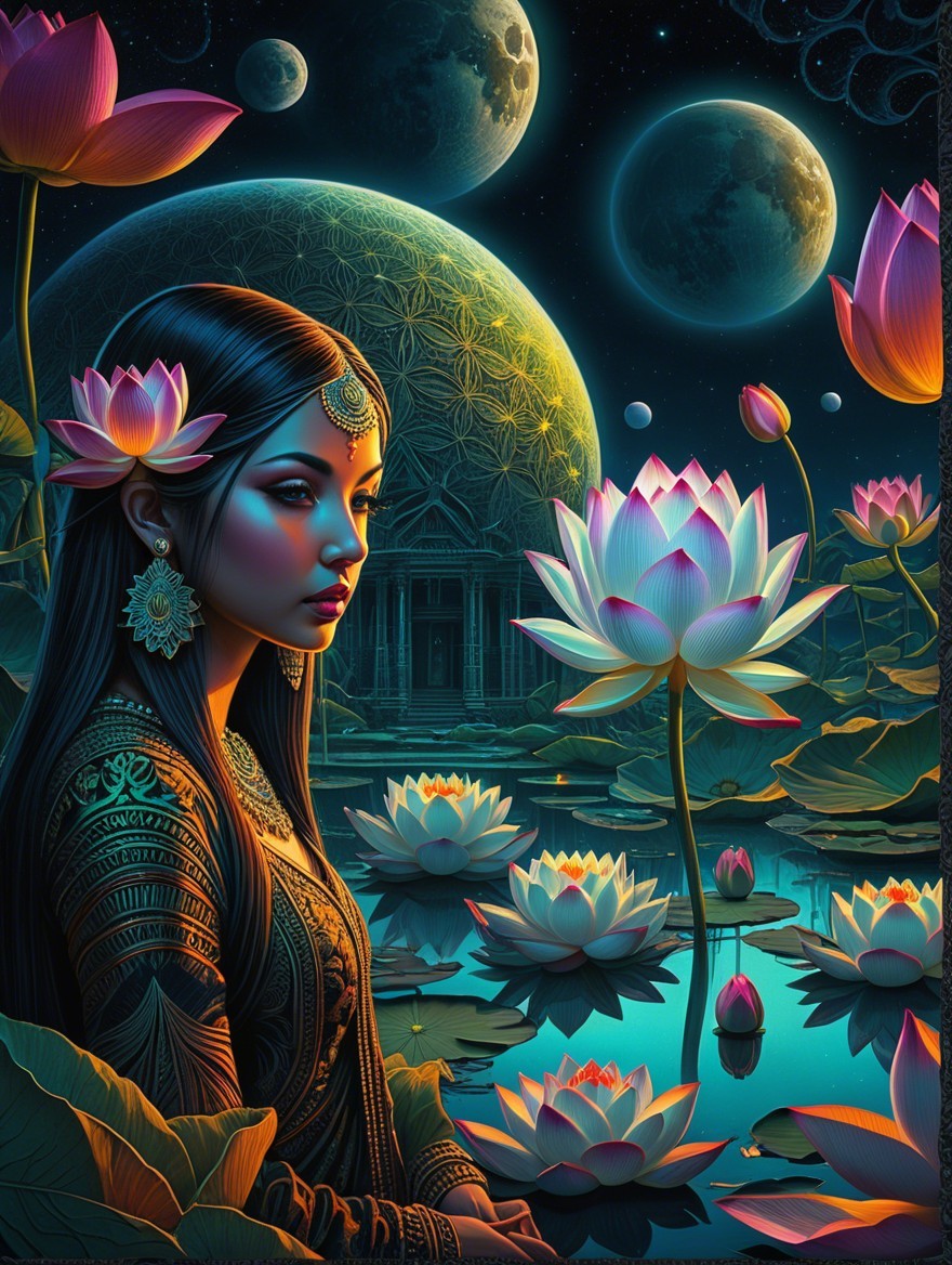 Serene Woman with Jewelry by Tranquil Lotus Pond