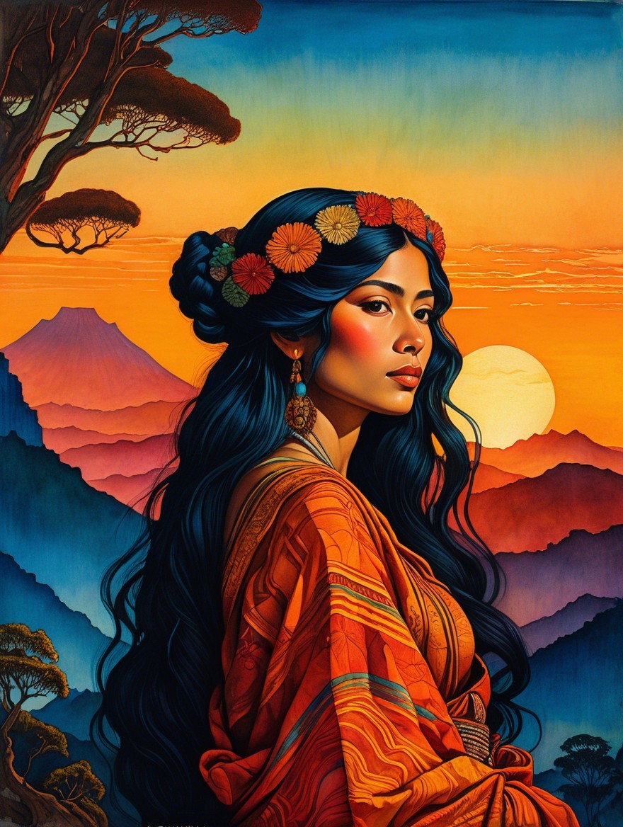 Woman with Black Hair and Flowers at Sunset Scene