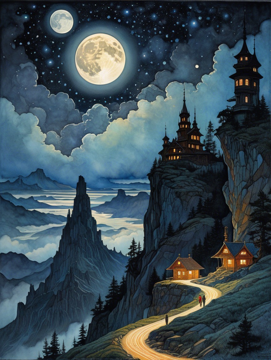 Wooden Cottages Under Moonlit Mountain Landscape