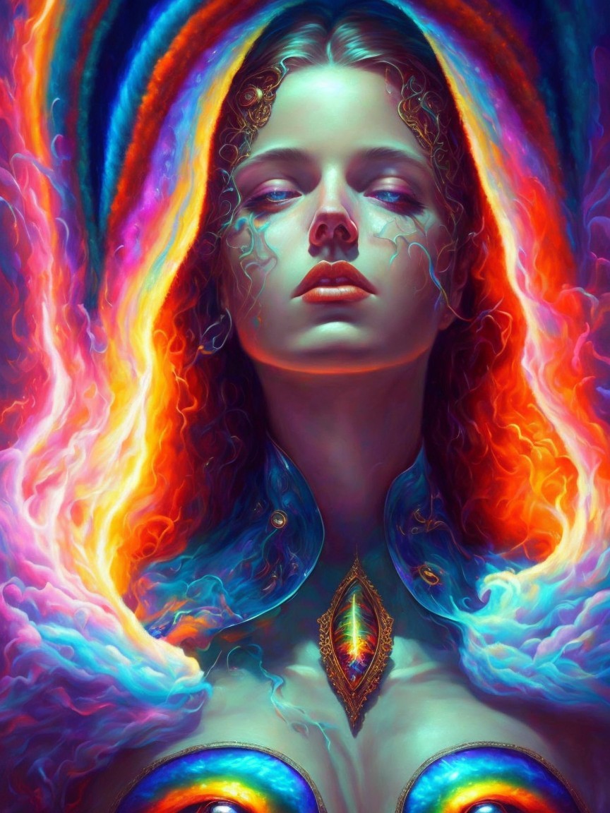 Portrait of a woman with vibrant colors and ethereal elements