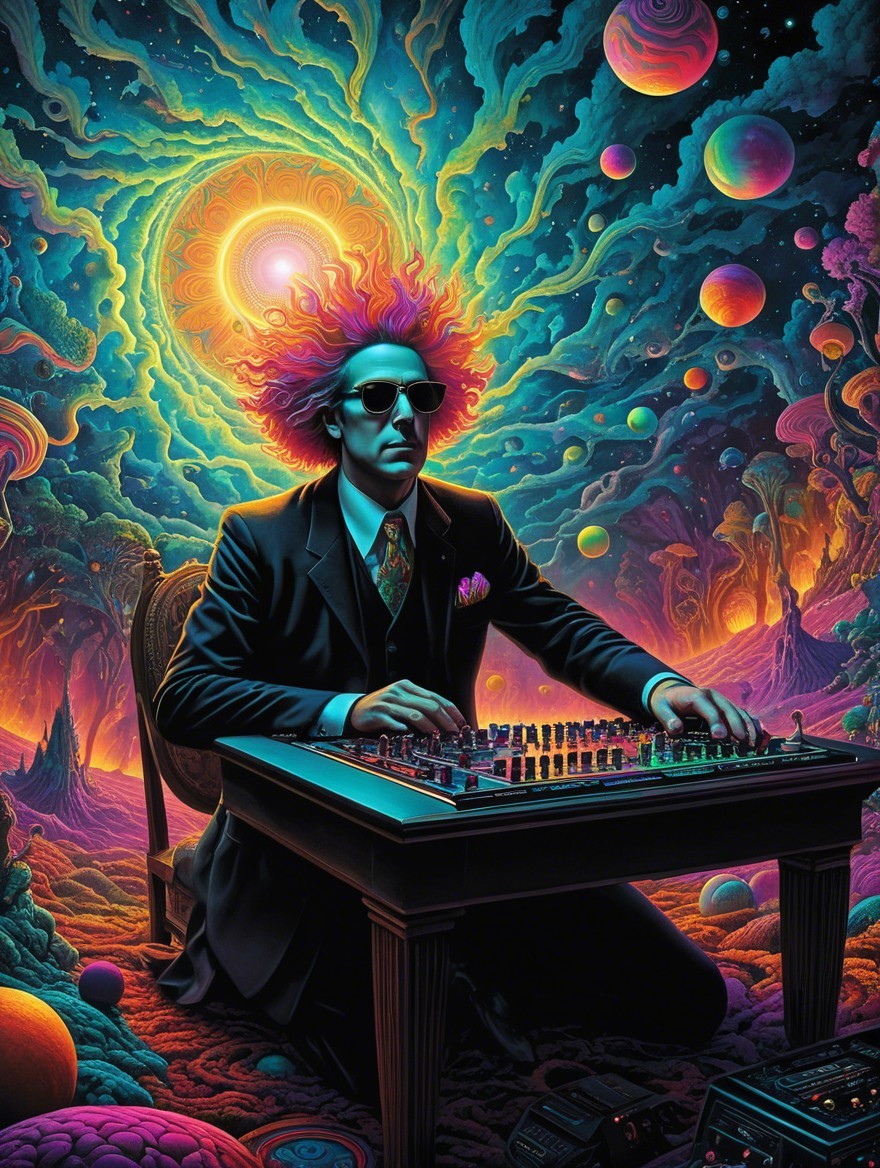 Surreal Scene of Figure at Vintage Synthesizer