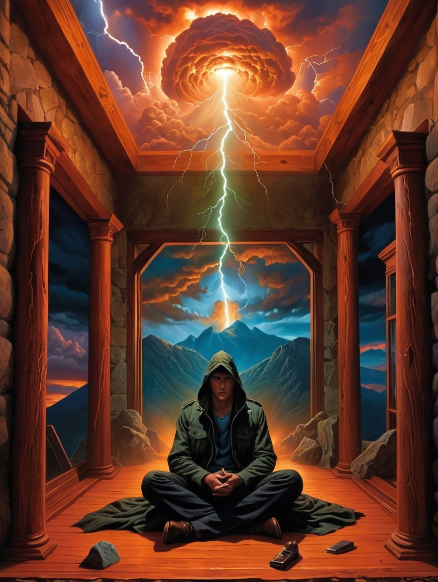 Cloaked Figure in Stormy Setting with Explosive Background