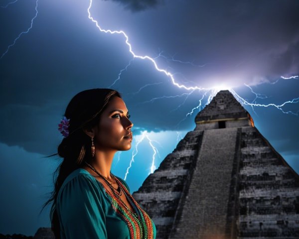 Woman in Traditional Attire by Pyramid Under Stormy Sky