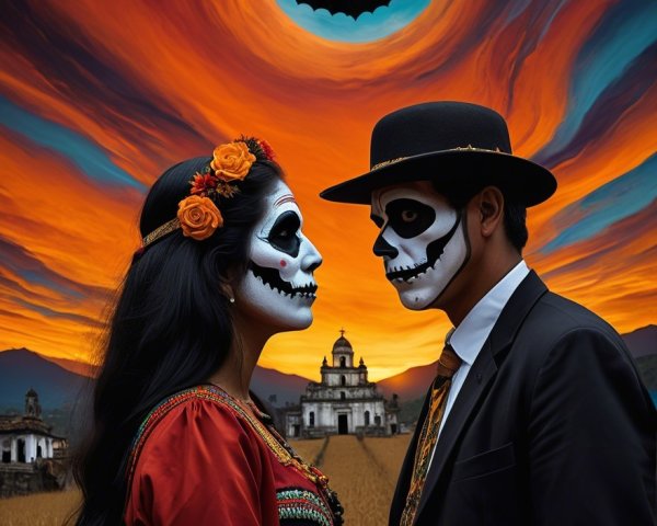 Couple in Day of the Dead Face Paint Against Sunset Sky