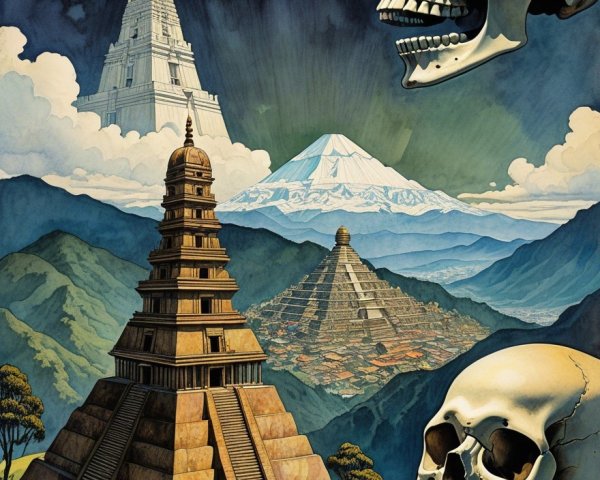 Surreal Landscape with Temples and Oversized Skulls