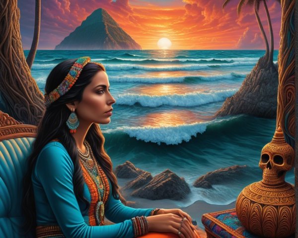 Woman in Traditional Attire at Sunset by Ocean
