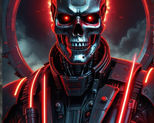 Futuristic Robot Skull with Glowing Red Eyes and Armor