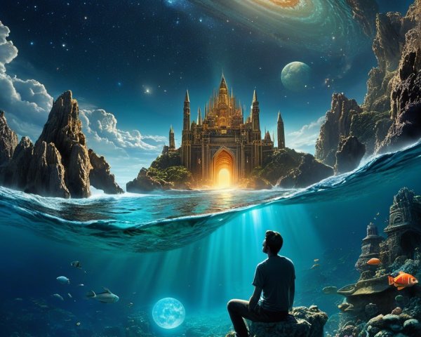 Mystical Castle and Underwater World in Dreamlike Landscape