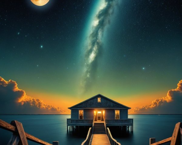 Wooden Pier and House Under Starry Night Sky