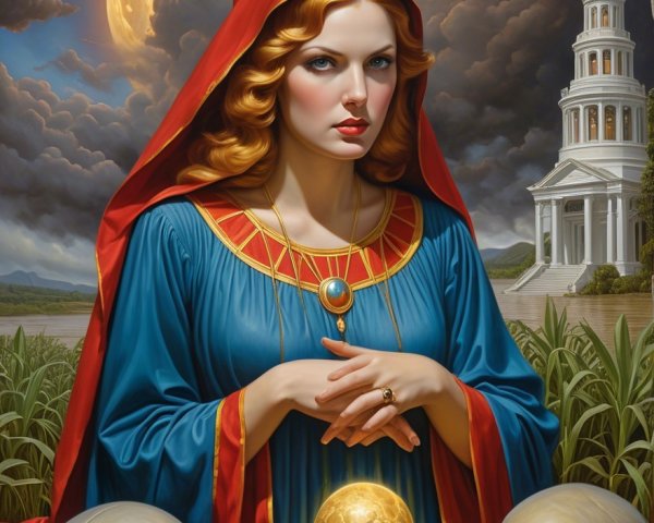 Mystical figure in blue and red robe with glowing orb