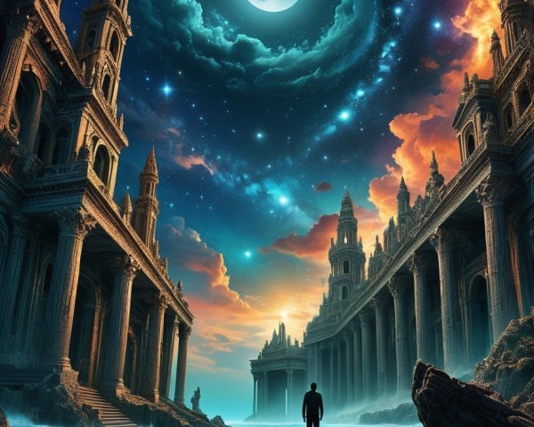 Surreal Landscape with Ancient Structures and Moonlight