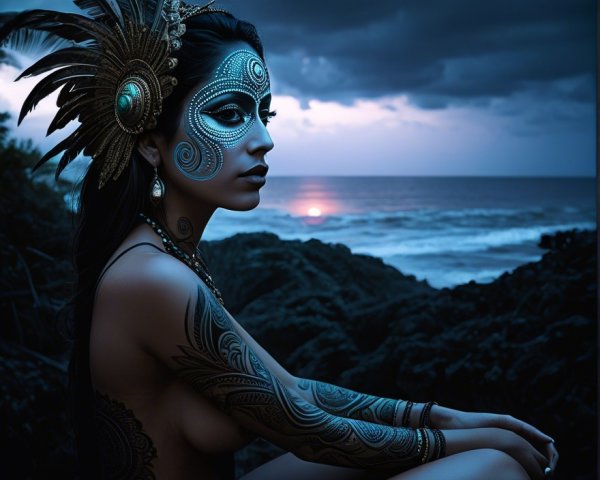 Twilight Scene of Woman with Tattoos and Face Paint