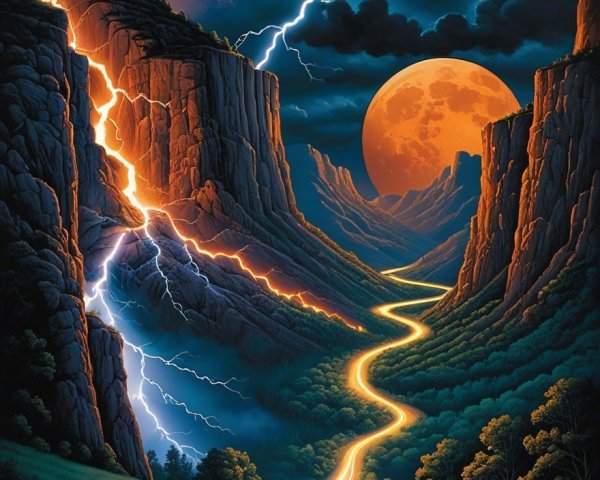 Winding Road Through Dramatic Landscape and Moonlight