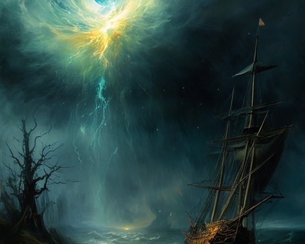Dramatic seascape with cosmic colors and ghostly ship
