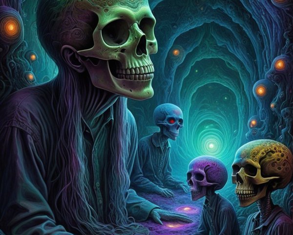 Humanoid skeletons in a vibrant cosmic scene